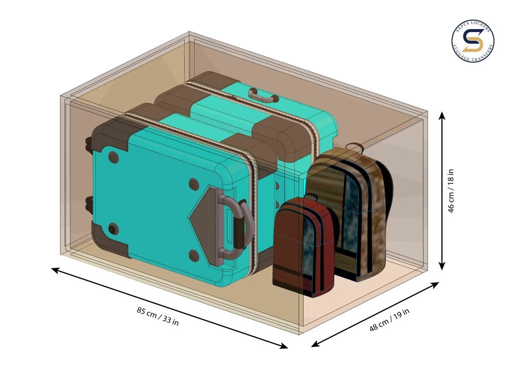 Luggage storage compartment showing different sizes of bags, perfect for secure storage with Sapta Luggage Storage and Transfers.